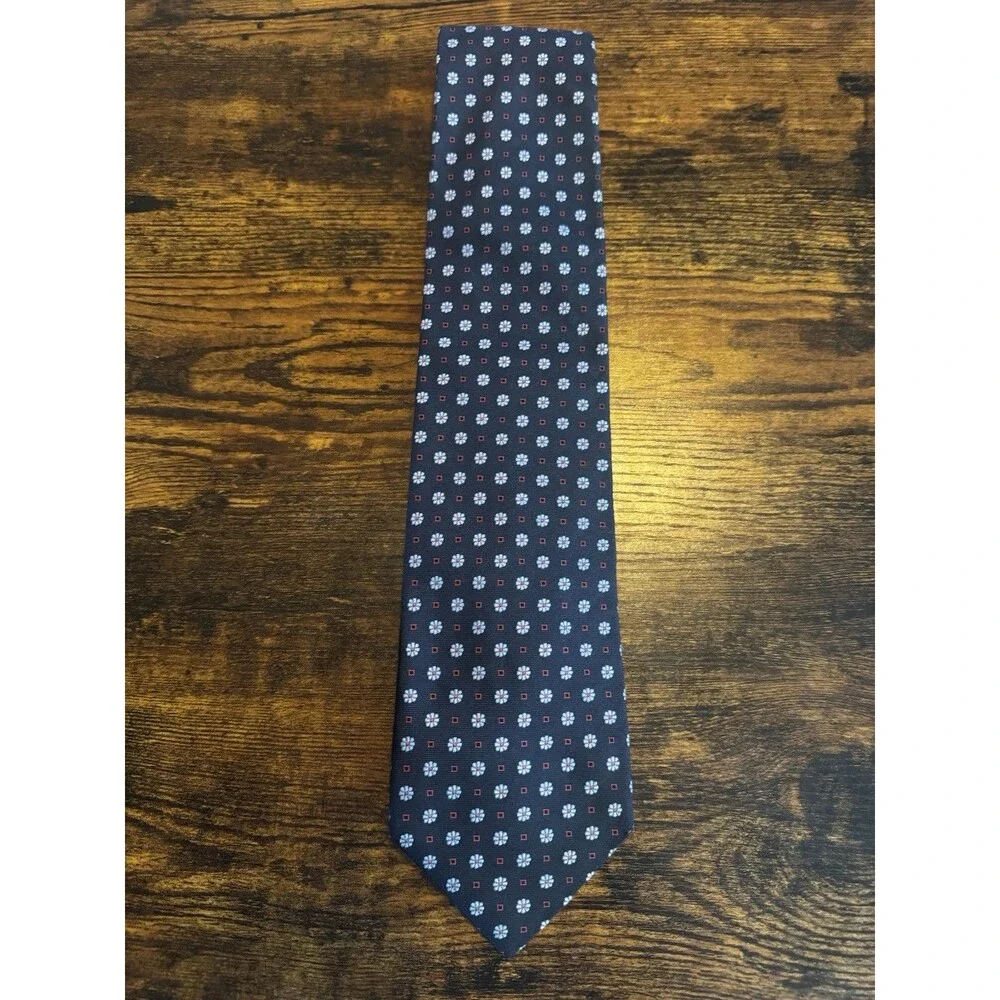 Burberry London Mens Silk Tie Navy Blue Red Floral Medallion Geometric Italy